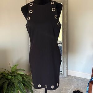 Sleek Black Grommet-Trim Sheath Dress